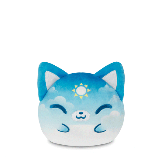 A blue and white Plushiverse Rain or Shine Fox 4” Reversible Plushie with a sun on it, perfect for cuddling from TeeTurtle.
