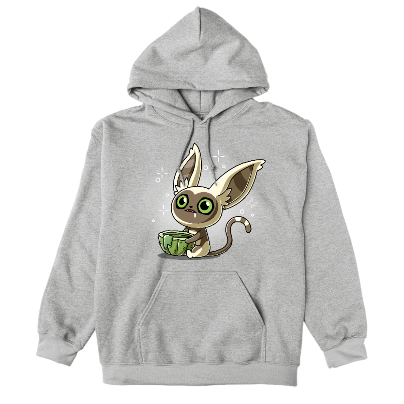 Pullover Hoodie_TeeTurtle heather gray Momo's Cactus Juice Pullover Hoodie featuring Momo from Avatar: The Last Airbender, holding a cactus cup with something dripping down the side. He is drooling and looks dazed.