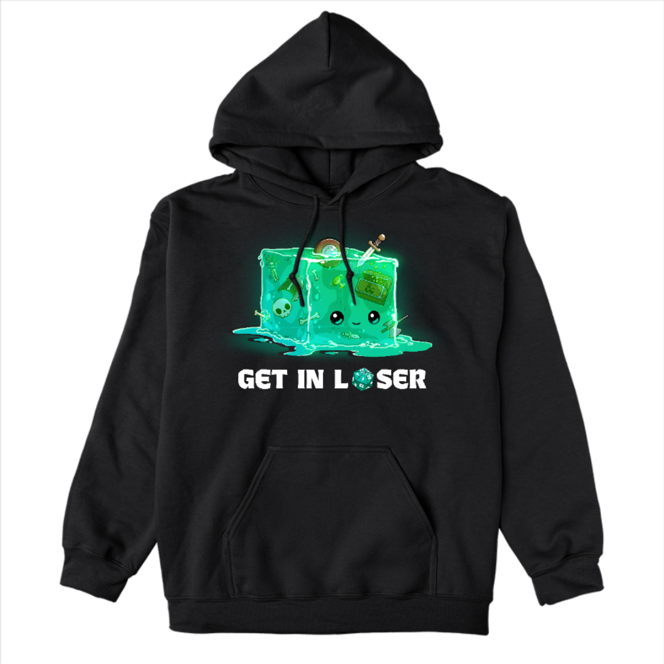 Pullover Hoodie_TeeTurtle black Get In Loser Pullover Hoodie featuring a gelatinous cube with bones, weapons, armor and treasure inside. It has a face and is smiling. Below text reads "Get In Loser" with the o in loser replaced by a D20 that landed on 1.