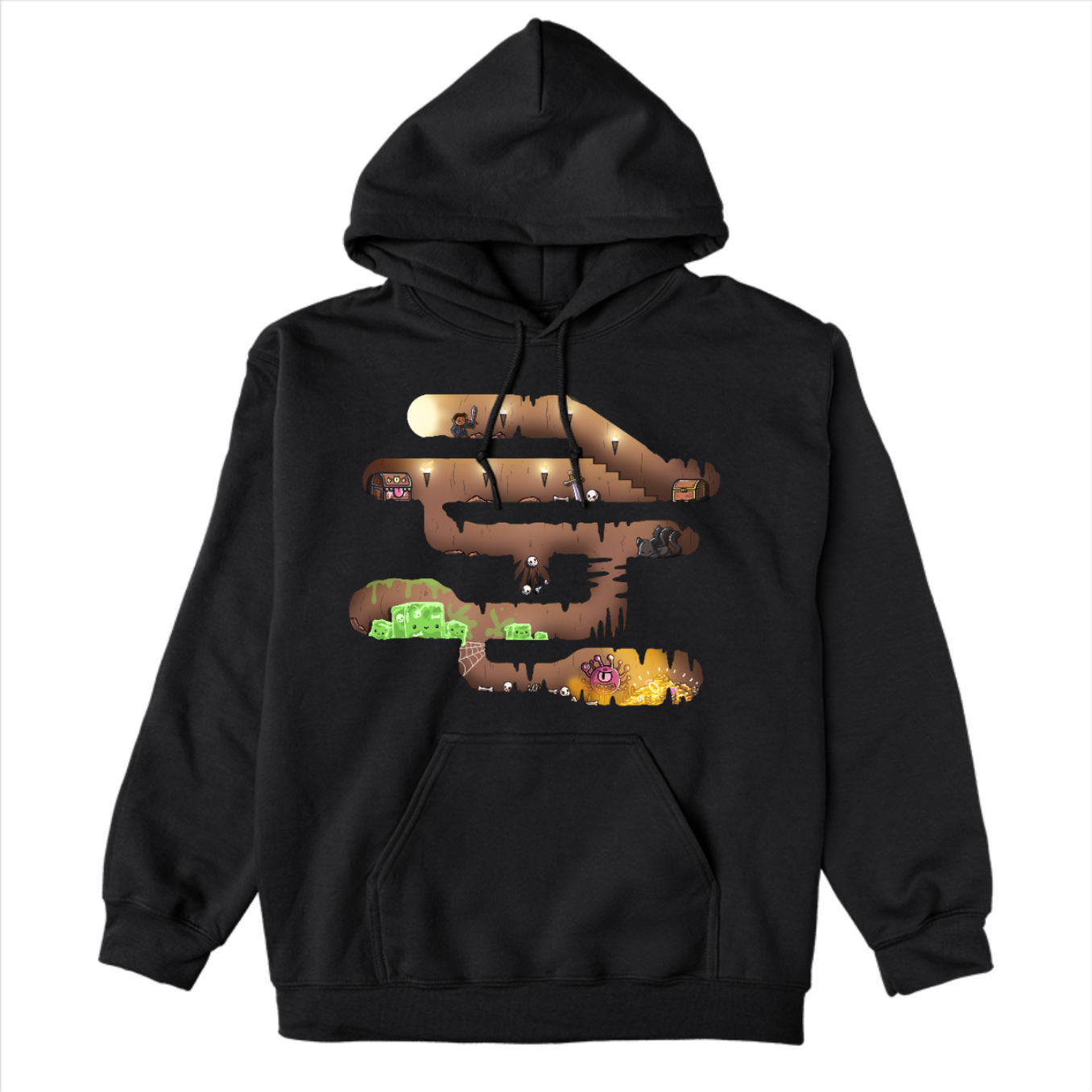 Pullover Hoodie_TeeTurtle black Dungeon Pathway Pullover Hoodie featuring a side-scroller inspired dungeon path with a hero, chest, mimic, gelatinous cube and other threats blocking the path to the treasure at the end