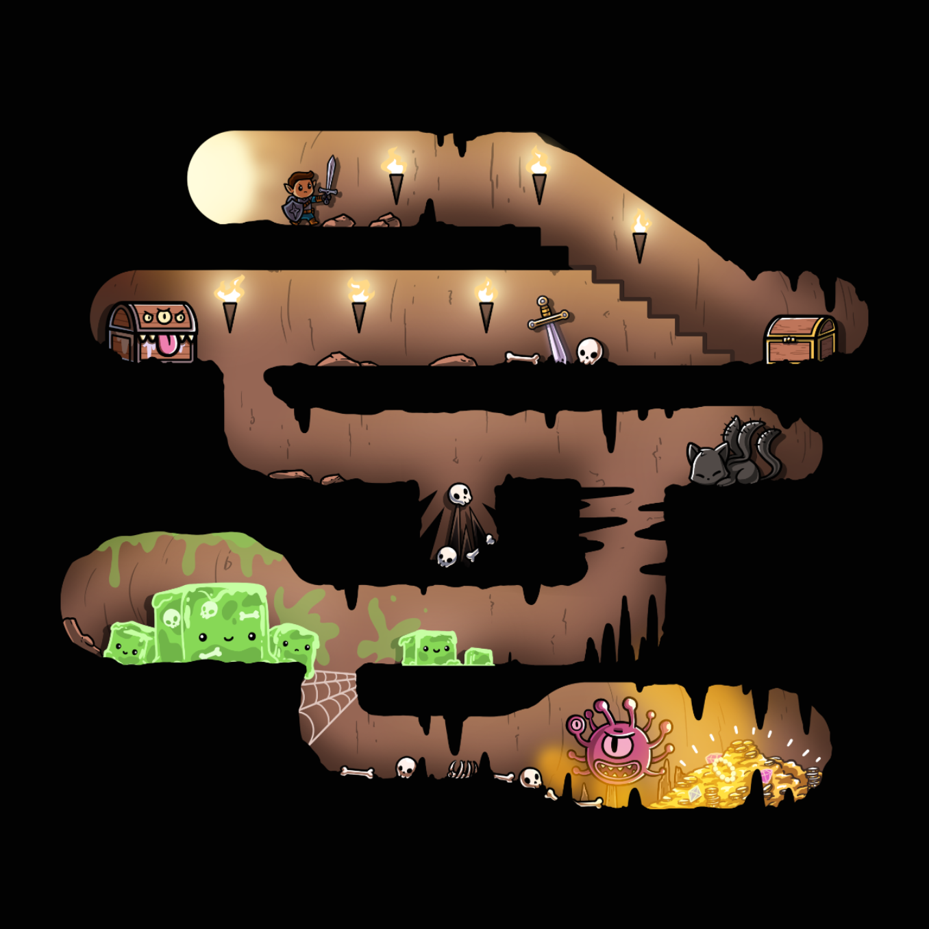Pullover Hoodie_TeeTurtle black Dungeon Pathway Pullover Hoodie featuring a side-scroller inspired dungeon path with a hero, chest, mimic, gelatinous cube and other threats blocking the path to the treasure at the end