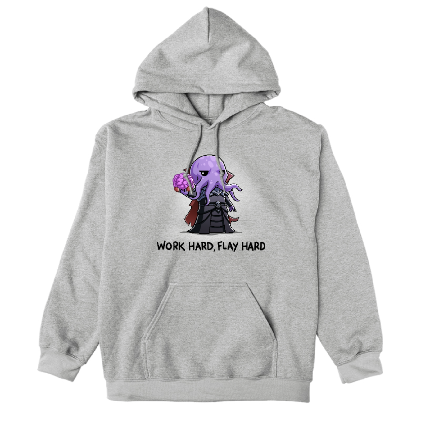 Pullover Hoodie_TeeTurtle heather gray Pullover Hoodie featuring a purple mind flayer holding a brain with the words "work hard, flay hard" underneath