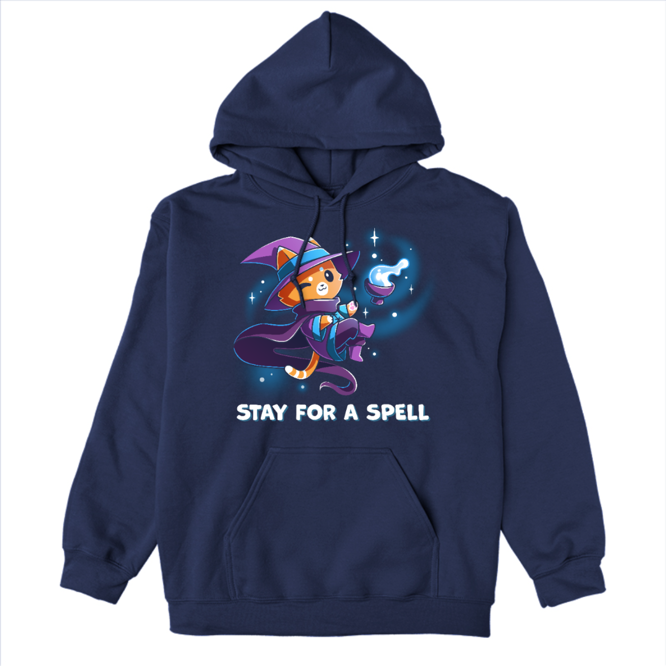 Pullover Hoodie_TeeTurtle navy Stay For A Spell Pullover Hoodie featuring an orange cat dressed as a witch, floating in space with a cauldron floating nearby. The cat is winking and the text at the bottom reads "Stay For A Spell"