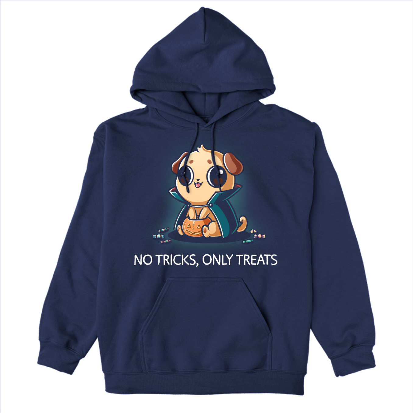 Pullover Hoodie_TeeTurtle navy No Tricks, Only Treats Pullover Hoodie featuring a pug wearing a superhero cape while carrying a bucket of Halloween candy beneath the phrase "No Tricks, Only Treats."