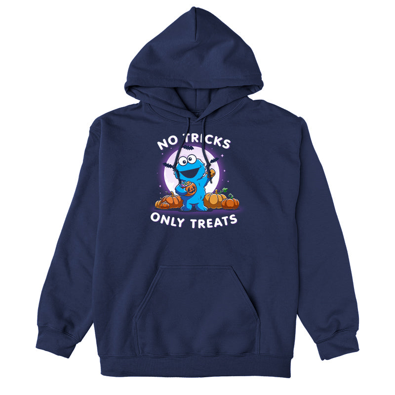 Pullover Hoodie_TeeTurtle navy blue No Tricks Only Treats (Cookie Monster) apparel featuring Cookie Monster holding a cookie and a pumpkin basket of treats with pumpkins, bats, and a full moon in the background, and the caption, “No Tricks, Only Treats“.