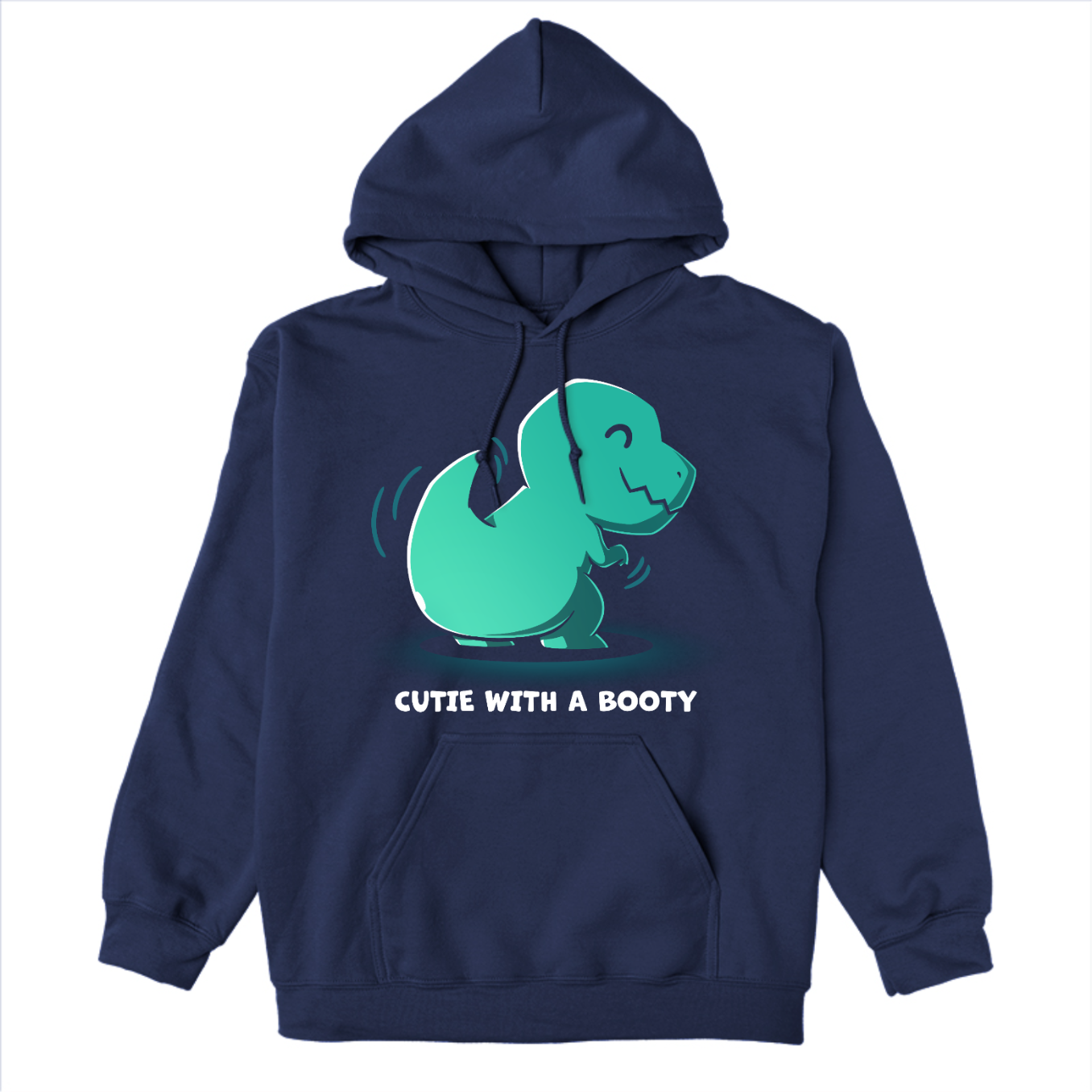 Pullover Hoodie_TeeTurtle navy Cutie With a Booty Pullover Hoodie featuring a happy green t-rex dinosaur wiggling its booty along with the text "Cutie With a Booty"