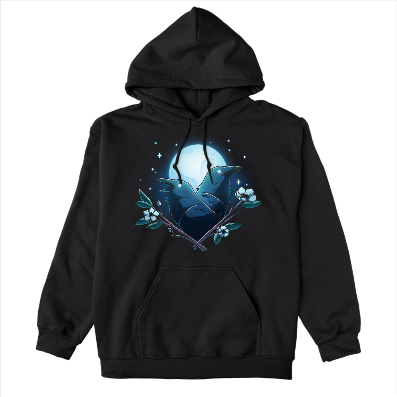 Pullover Hoodie_TeeTurtle black Caw-smic Connection Pullover Hoodie featuring two ravens, two floral branches and a glowing full moon in the background