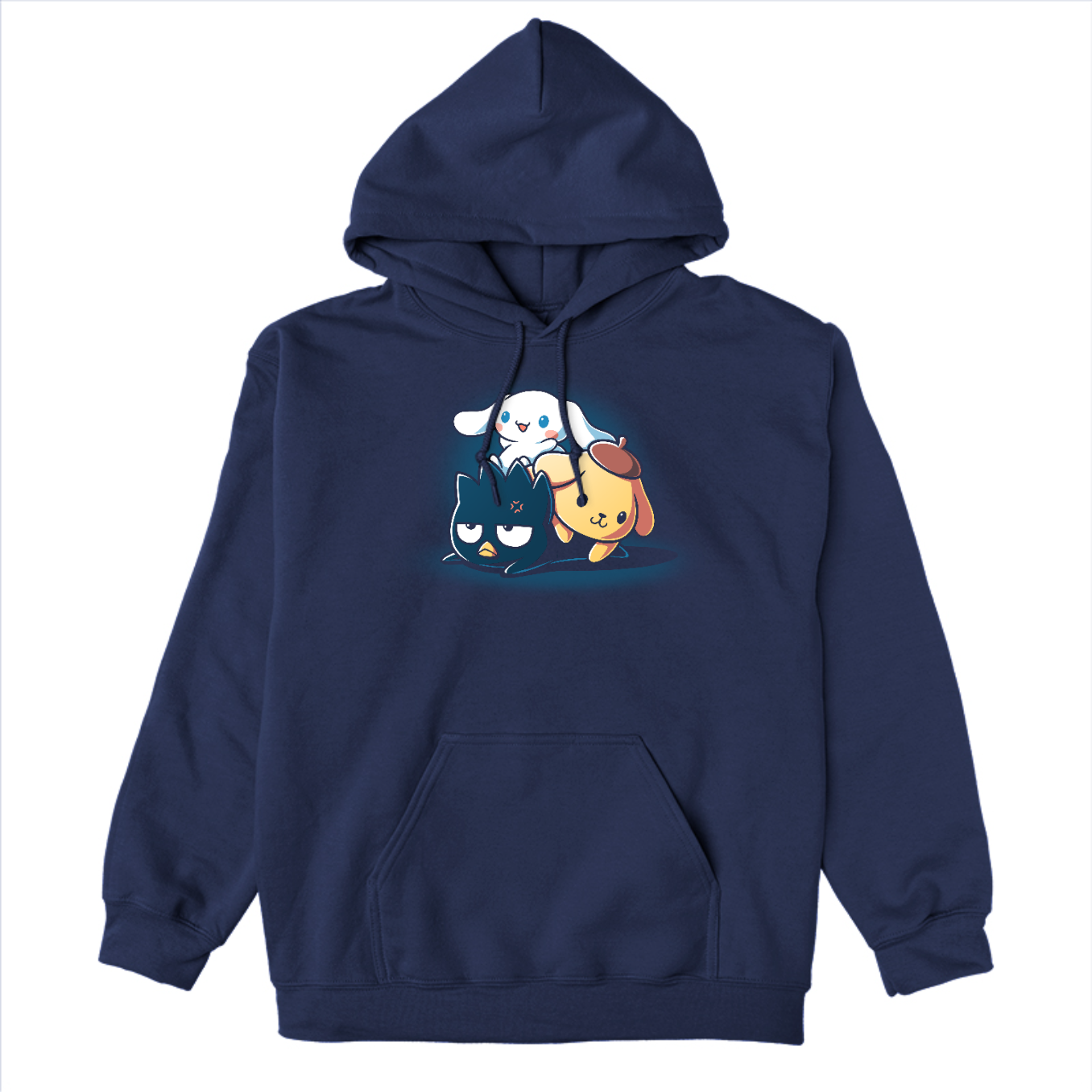 Pullover Hoodie_TeeTurtle Cinnamoroll, Badtz-Maru, and Pompompurin navy blue t-shirt featuring the characters stacked on top of each other with Cinnamoroll on top, Pompompurin in the middle, and Badtz-Maru on the bottom looking unamused.