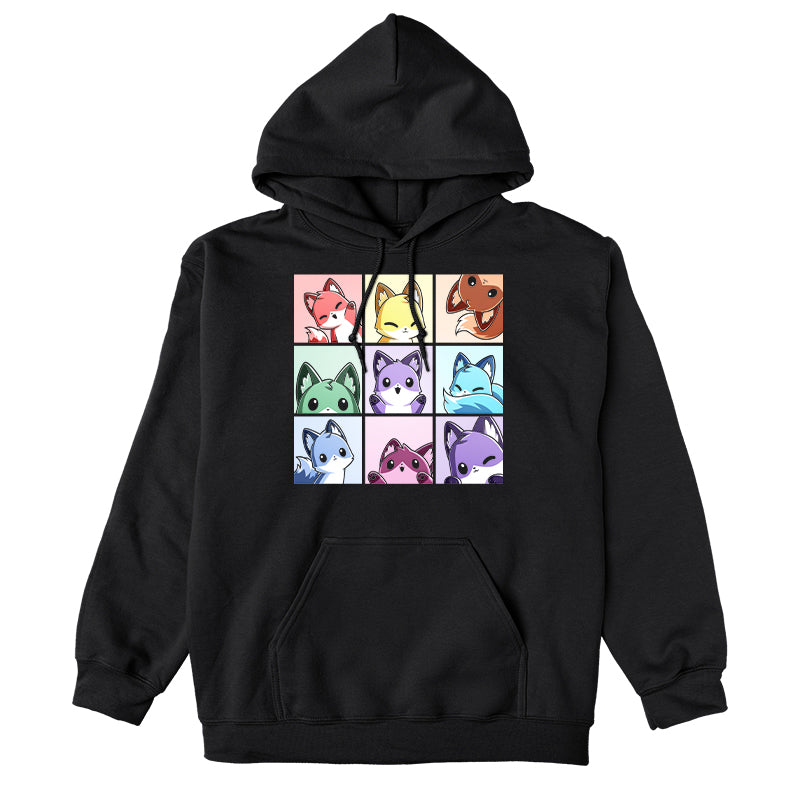 Pullover Hoodie_TeeTurtle black Foxy Rainbow Grid apparel featuring a grid of nine foxes in rainbow colors making various cute poses.