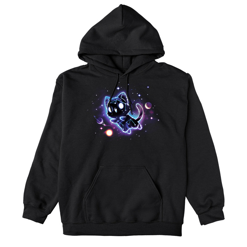 Pullover Hoodie_TeeTurtle black Kitty Constellation apparel featuring a cat made out of constellations leaping into space with planets and stars in the background.