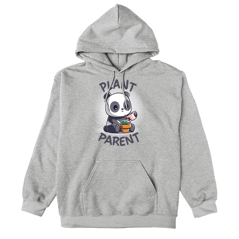 Pullover Hoodie_TeeTurtle heather gray Plant Parent apparel featuring a sitting panda watering a plant pot with a watering can.