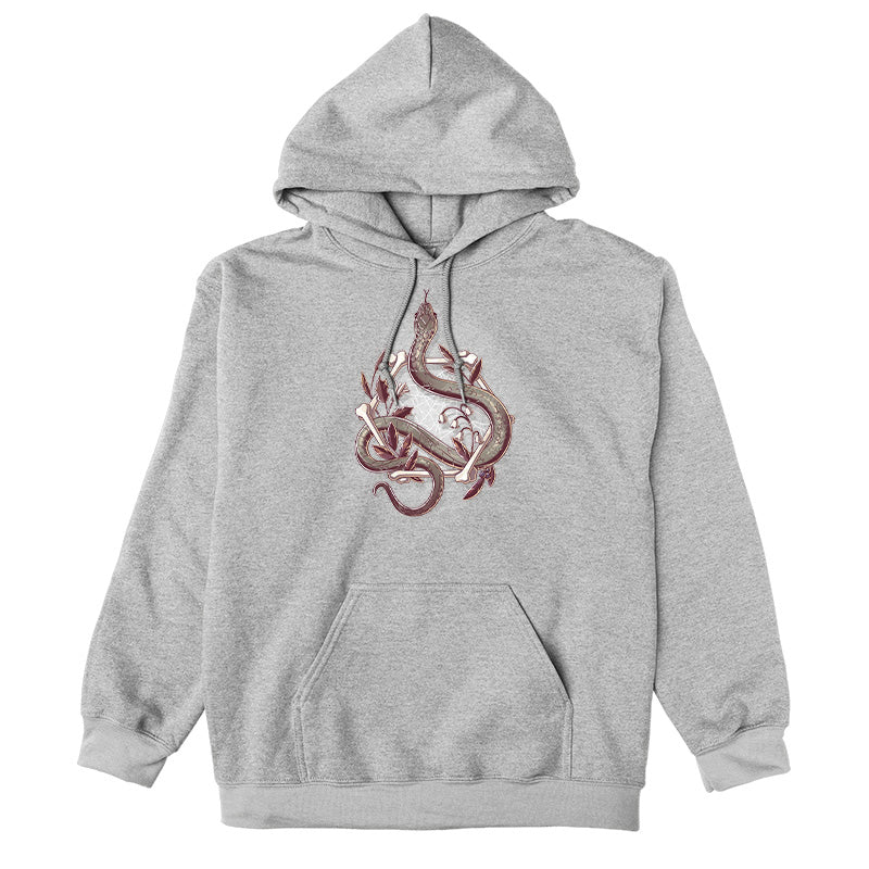 Pullover Hoodie_TeeTurtle heather gray Bone Serpent apparel featuring a gray snake slithering through a hexagon made out of bones with a spiderweb, white bellflowers, and leaves.