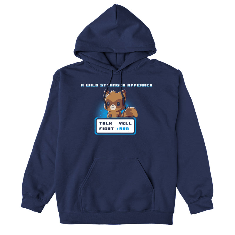 Pullover Hoodie_TeeTurtle navy blue A Wild Stranger Appeared featuring a Raccoon beneath the words 'A Wild Stranger Appeared' with a RPG input screen with 'Talk, Yell, Fight, Run' beneath with 'Run' selected.