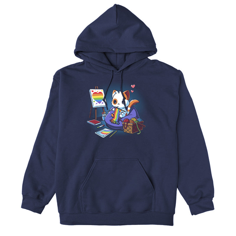 Pullover Hoodie_TeeTurtle colortitle navy blue Arts and Crafts and Rainbows apparel featuring a cat knitting rainbow scarf, surrounded by a basket of rainbow yarn, rainbow notebook, and easel with rainbow artwork.