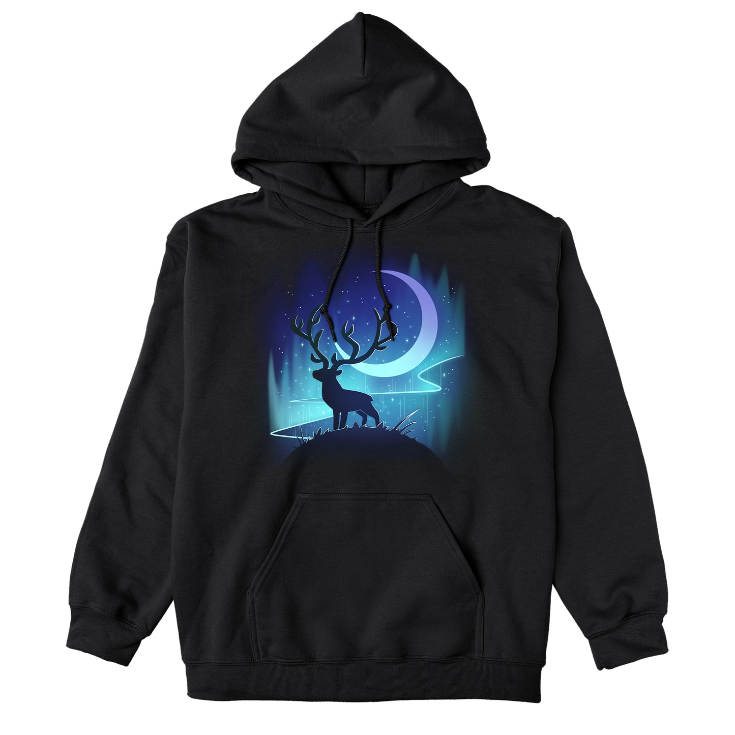 Pullover Hoodie_TeeTurtle black Midnight Wanderer apparel featuring a stag on a hill with the crescent moon and aurora borealis in the background.