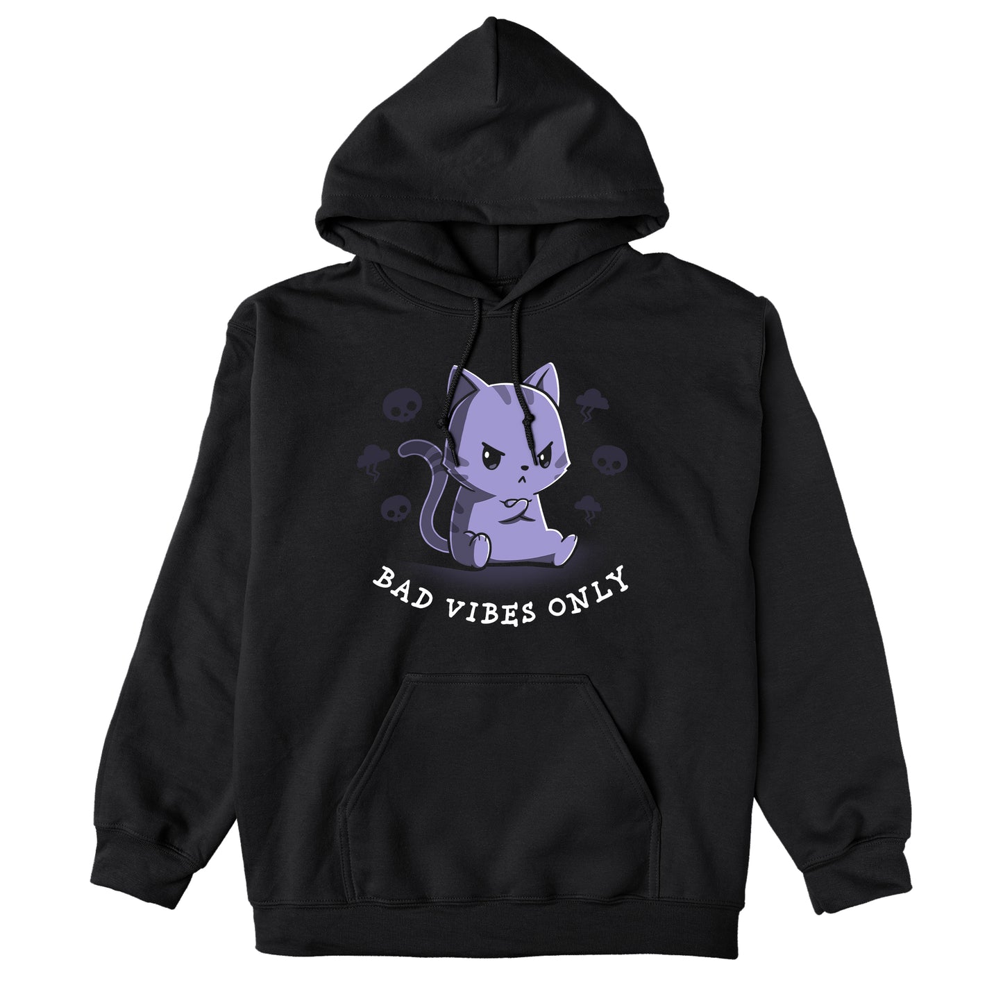 Pullover Hoodie_Teeturtle Bad Vibes Only black design featuring an angry grumpy looking cat with its forepaws crossed and surrounded by skulls and lightning clouds with 'Bad Vibes Only' written underneath it.