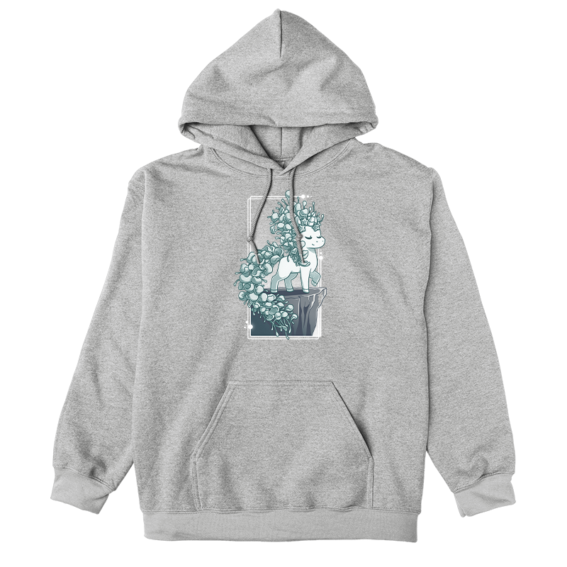Pullover Hoodie_TeeTurtle heather gray Botanicorn apparel featuring a magical unicorn with a mane and tail made out of the plant silver falls, or silver nickel vine, standing elegantly with a hoof raised on a cliff.