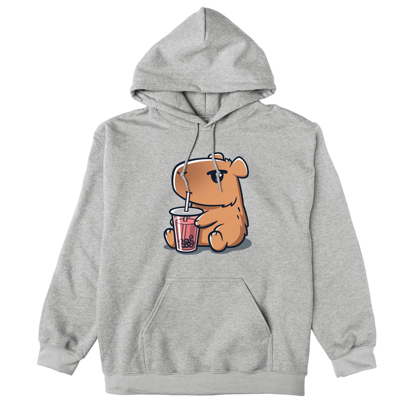 Pullover Hoodie_TeeTurtle heather gray Boba Capybara apparel featuring a capybara drinking boba.