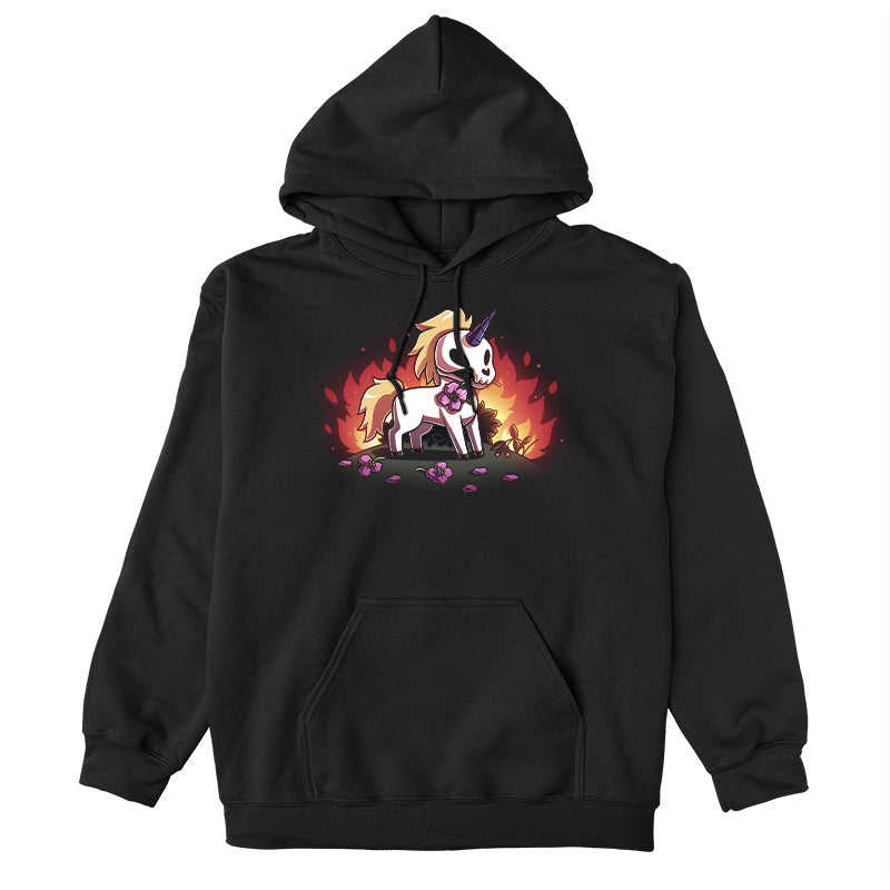 Pullover Hoodie_TeeTurtle black Chaotic Good apparel featuring a skull unicorn holding a pink flower in its mouth with dead flowers at its feet and fire in the background.