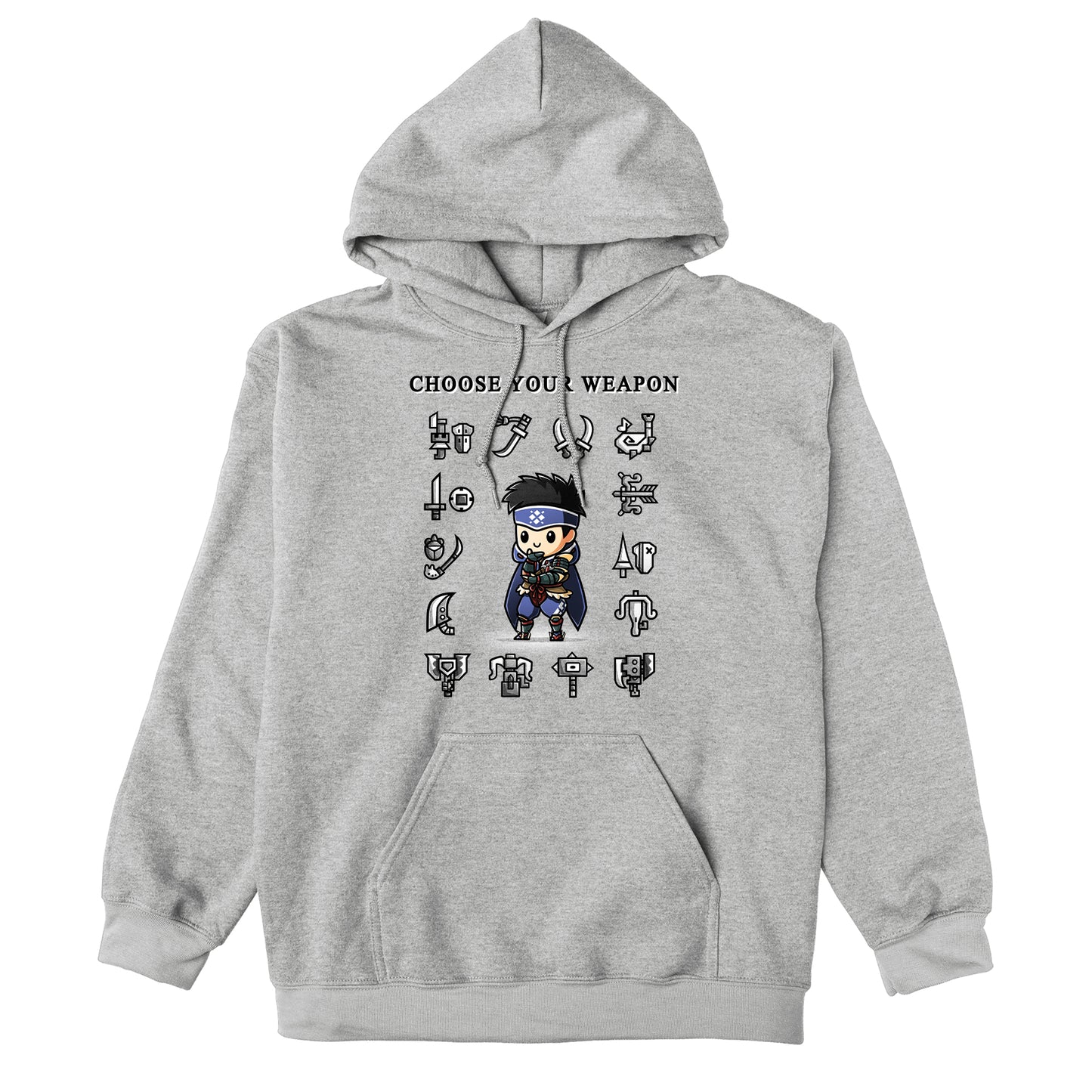 Pullover Hoodie_TeeTurtle heather gray Choose Your Weapon featuring a hunter from Monster Hunter with a contemplative expression, and surrounded by a grid of various weaponry, with the caption, "Choose Your Weapon" at the top.