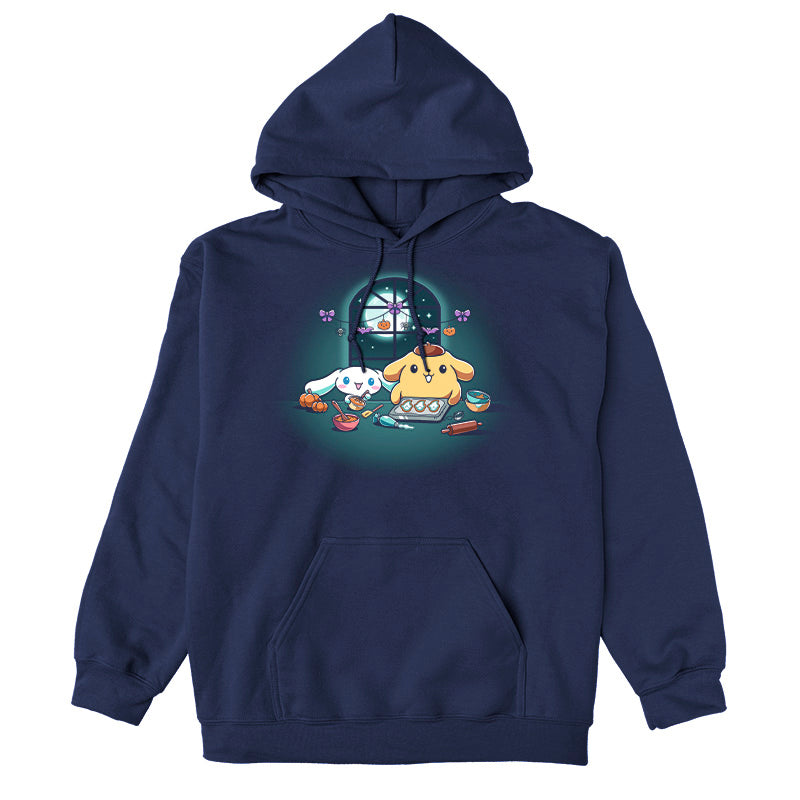 Pullover Hoodie_TeeTurtle navy blue Cinnamoroll and Pompompurin's Halloween Baking apparel featuring Cinnamoroll and Pompompurin baking ghost cookies with pumpkins and Halloween hanging decoration in the back on top of the window that looks out to the full moon and stars.