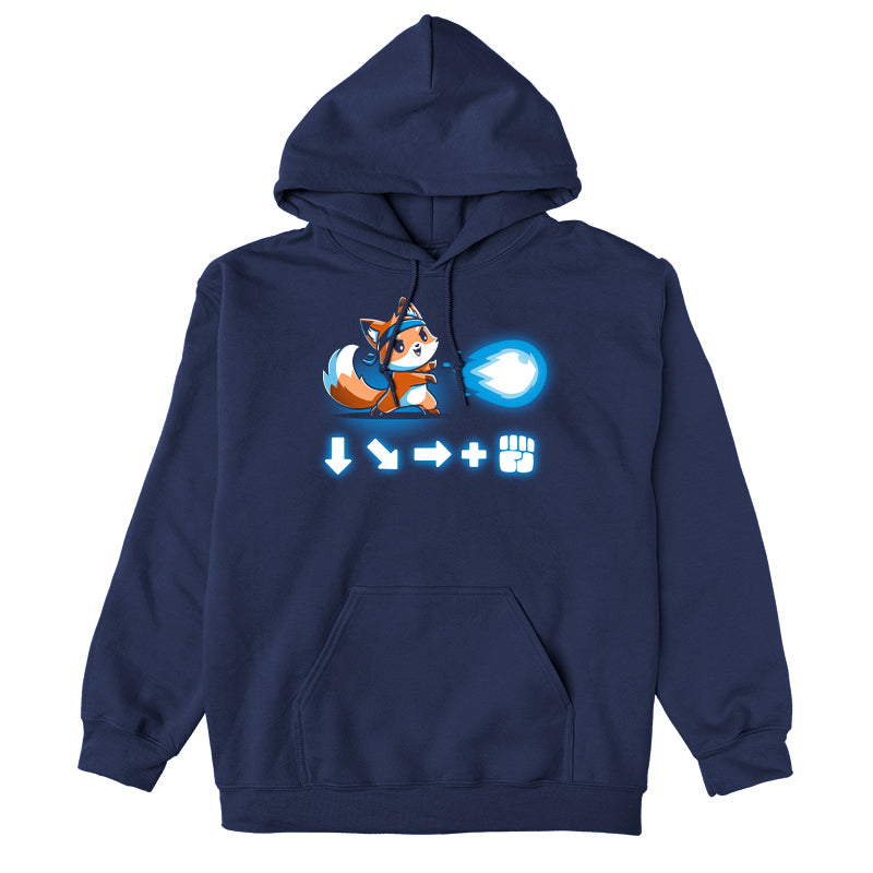 Pullover Hoodie_TeeTurtle navy blue Combo Attack featuring a cute little fox wearing a headband firing off a Hadouken fireball with the game input command beneath.