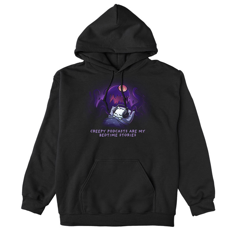 Pullover Hoodie_TeeTurtle black Creepy Podcasts Are My Bedtime Stories apparel featuring a cat lying down in bed cozily wearing headphones with a giant purple monster looming over it and waving its tentacles.