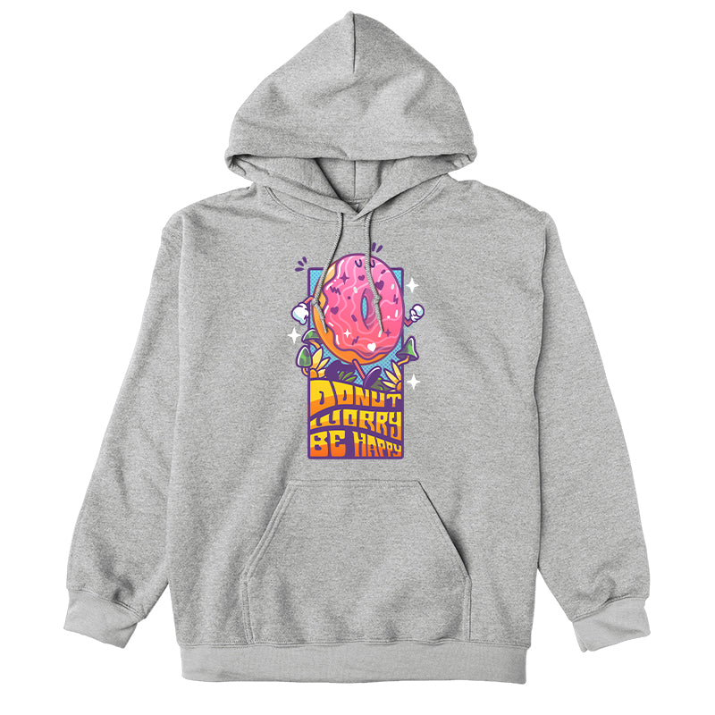 Pullover Hoodie_TeeTurtle heather gray Donut Worry Be Happy apparel featuring a happy doughnut walking among grass and mushrooms with the caption, “Donut Worry Be Happy“ in an eighties, groovy, psychedelic font.