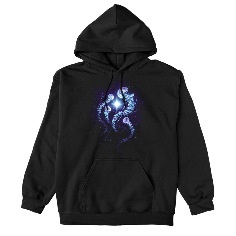 Pullover Hoodie_TeeTurtle black Enchanting Jellyfish apparel featuring a smack of four blue, and purple jellyfish swimming around a bright white light in the deep ocean.