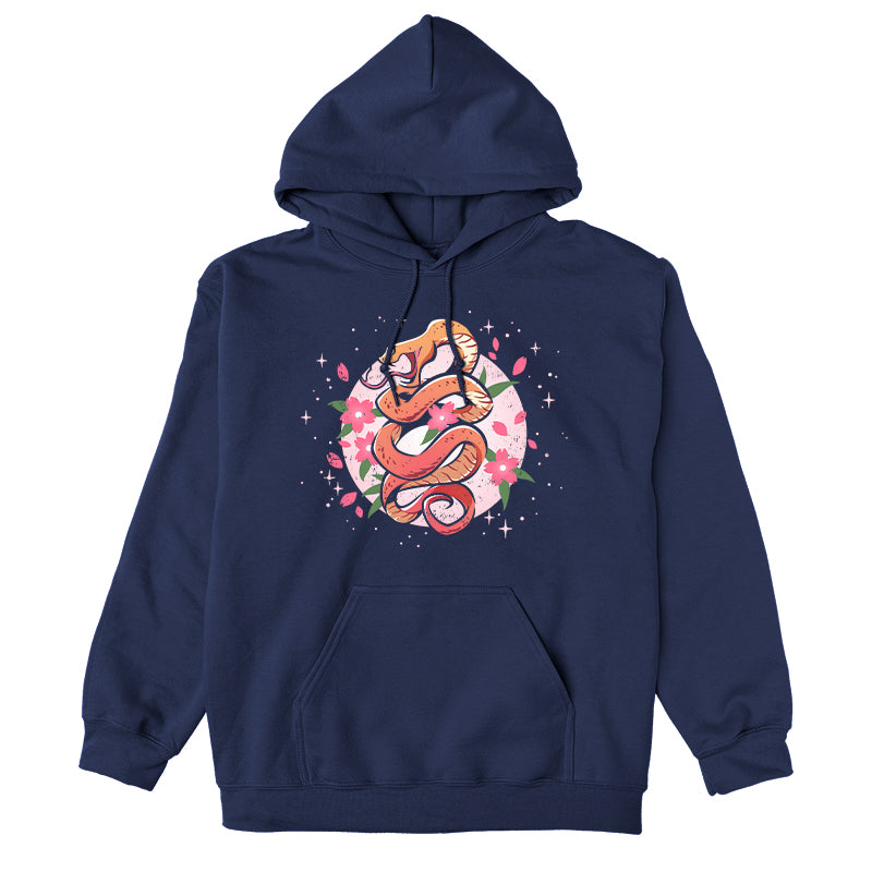 Pullover Hoodie_TeeTurtle navy blue Enchanting Snake apparel featuring an orange snake coiling upwards with pink flowers and petals surrounding it.