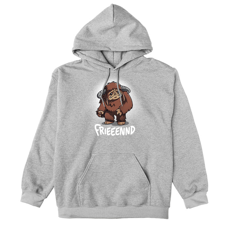 Pullover Hoodie_TeeTurtle heather gray Frieeennd apparel featuring a sad Ludo, with the caption, “Frieeennd“.