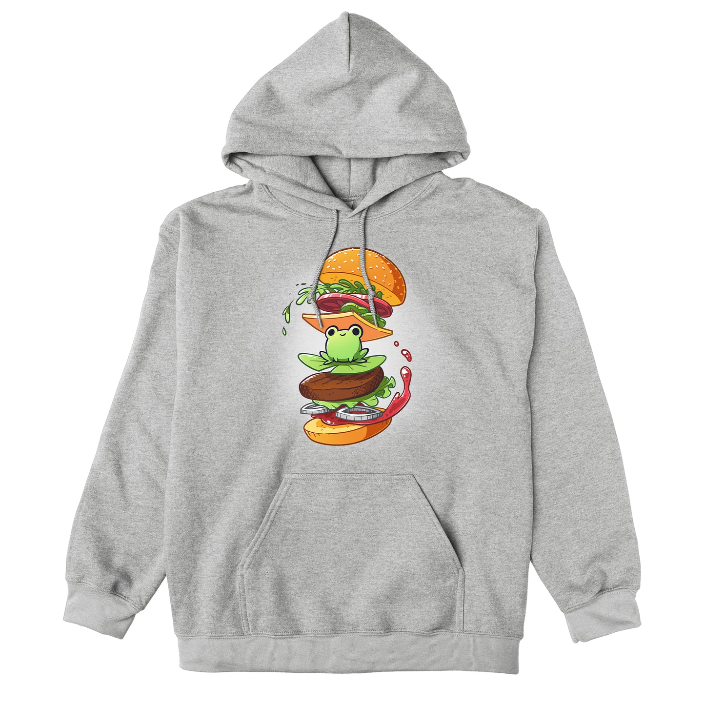 Pullover Hoodie_TeeTurtle heather gray Frog Burger featuring a frog in the middle of a burgerâs floating ingredients.