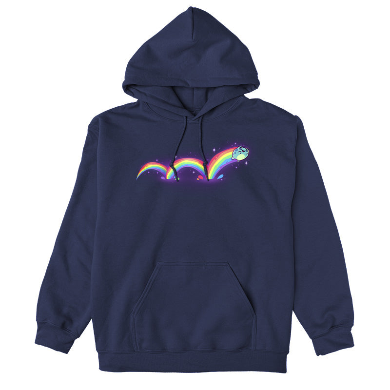 Pullover Hoodie_TeeTurtle navy blue Frolicking Frog apparel featuring a hopping frog with a rainbow trailing behind it from its multiple jumps.