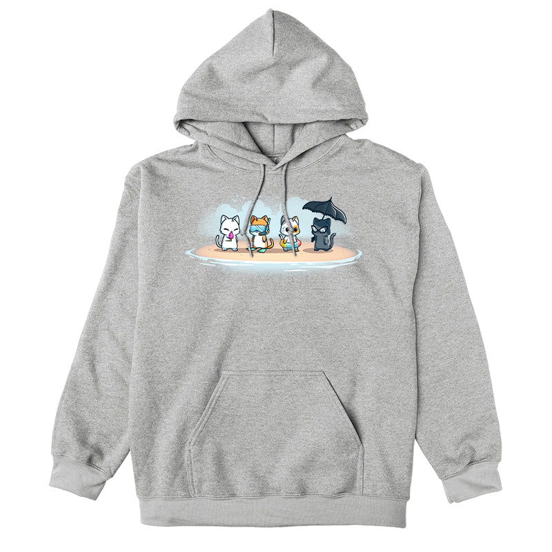 Pullover Hoodie_TeeTurtle heather gray Fun In The Sun apparel featuring a white cat eating a popsicle, an orange tabby with diving goggles, a calico cat wearing a floater, and a black cat with sunglasses holding a frilly black umbrella all standing on a beach.