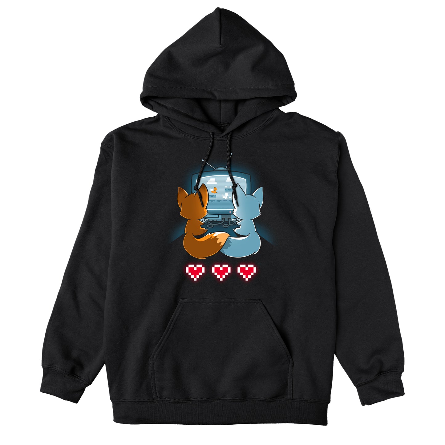 Pullover Hoodie_TeeTurtle Fur the Love of Gaming black design featuring two foxes playing video games in front of a television.