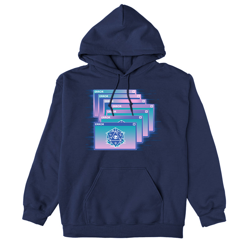Pullover Hoodie_TeeTurtle navy blue GlitchWave D20 featuring a series of overlapping error messages with a vaporwave gradient background, featuring an icon of a 20-sided die displaying numbers and a skull symbol.