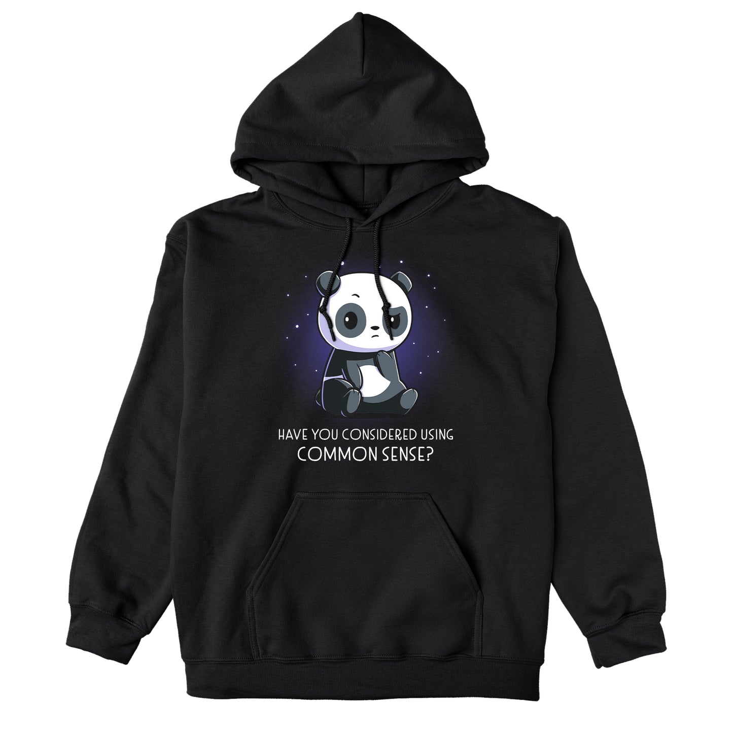 Pullover Hoodie_TeeTurtle Have You Considered Using Common Sense? black design featuring a panda sitting with a skeptical expression against a starry background. The text at the bottom reads, "Have you considered using common sense?"