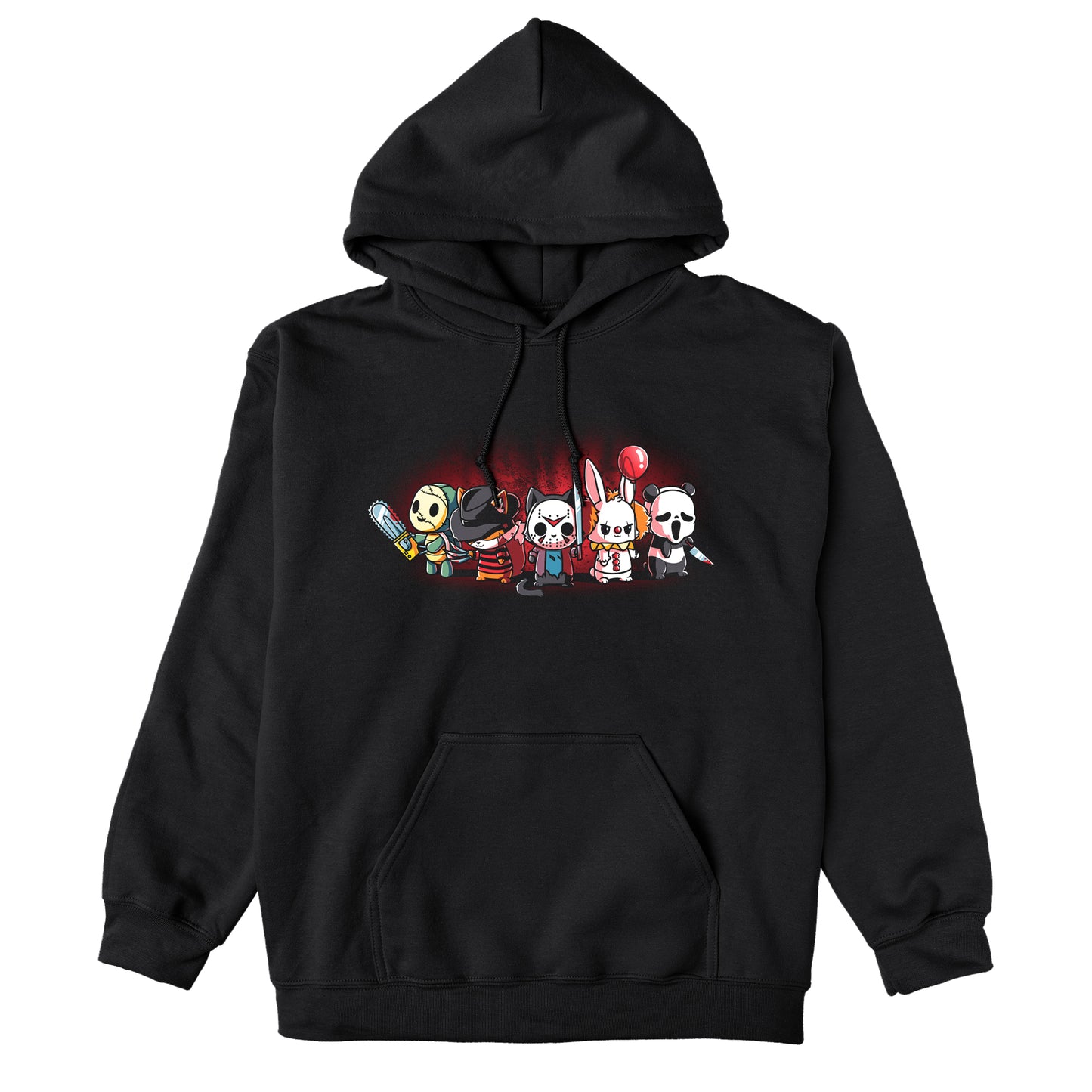 Pullover Hoodie_TeeTurtle black Horror Crew. Featuring several animals dressed up as famous horror media characters.