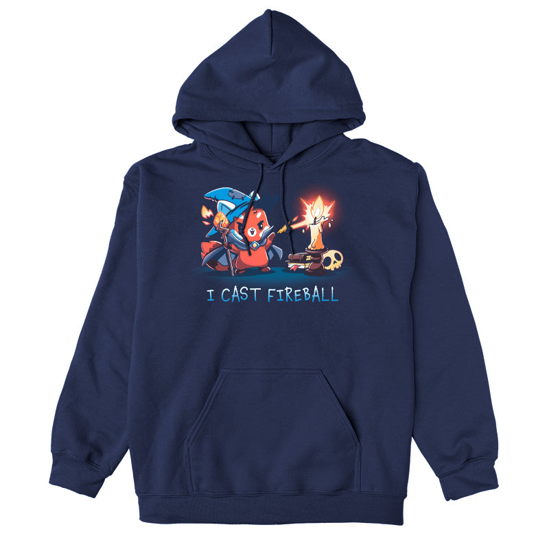 Pullover Hoodie_TeeTurtle I Cast Fireball navy blue t-shirt featuring a fox in a tabletop game wizard outfit with a staff who casts a fireball spell towards a candle, with the text "I CAST FIREBALL" below. A stack of books and a skull are in the background.