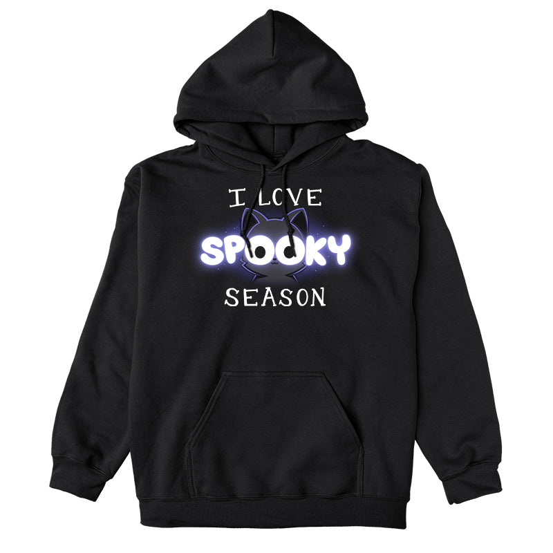 Pullover Hoodie_TeeTurtle black I Love Spooky Season apparel featuring the caption, "I Love Spooky Season" with the two Os formed by the large eyes of a black cat.