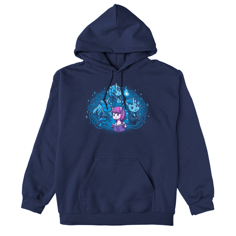 Pullover Hoodie_TeeTurtle navy blue I Love My Fictional Boyfriends featuring a cute unicorn reading a book dreaming about their fictional boyfriends, an elf archer unicorn, a mage unicorn and a vampire unicorn.