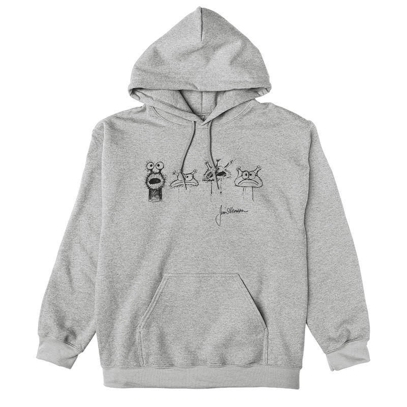 Pullover Hoodie_TeeTurtle heather gray Jim Henson Signature Collection apparel featuring four sketches of muppet-like creatures with Jim Henson’s signature on the bottom righthand corner.