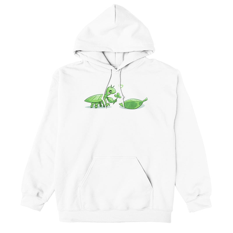 Pullover Hoodie_TeeTurtle white Leaf Bug Love Story apparel featuring a leaf insect presenting a three-leaf clover to a leaf.