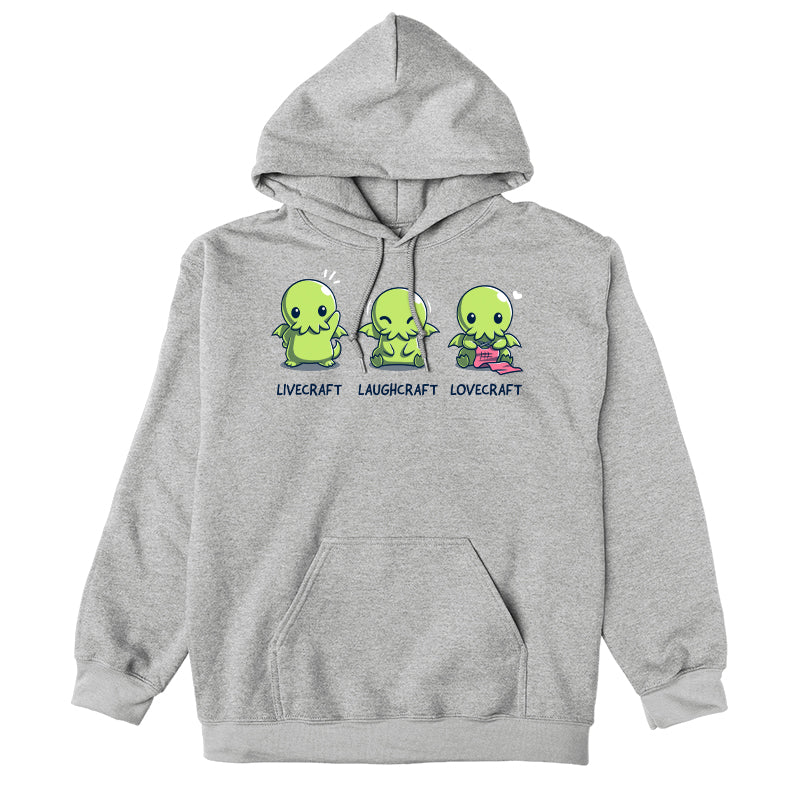 Pullover Hoodie_TeeTurtle sport gray Livecraft, Laughcraft, Lovecraft. Featuring a chibi Cthulhu waving, laughing, and crafting.
