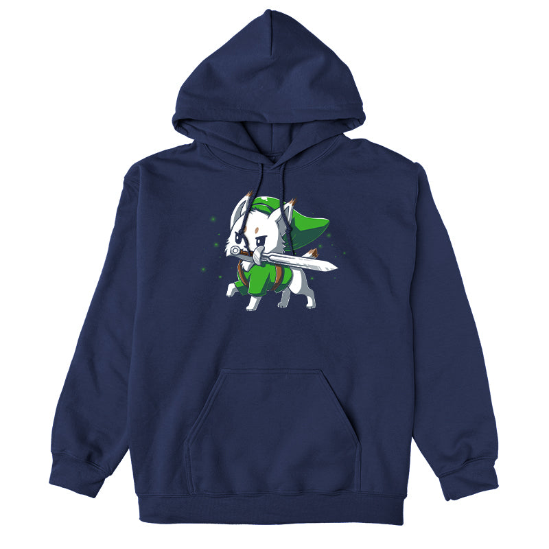 Pullover Hoodie_TeeTurtle Lynx navy blue design featuring a determined white Lynx with a sword in its mouth dressed in a long green hat and matching green tunic in this fantasy video game design.