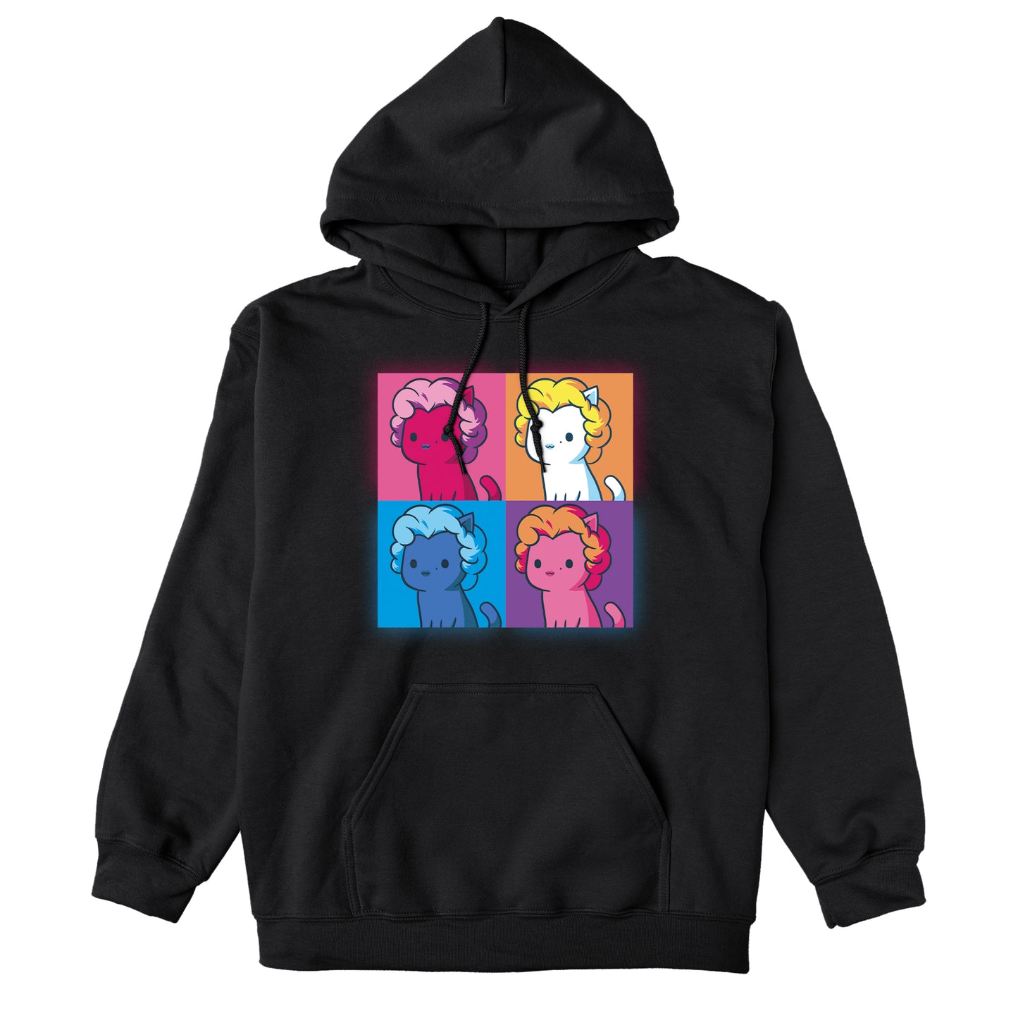 Pullover Hoodie_TeeTurtle black Marilyn Meownroe featuring a four panel, multicolored and stylized image of a cartoon cat in a Marilyn Monroe wig in parody of the famous painting of her.