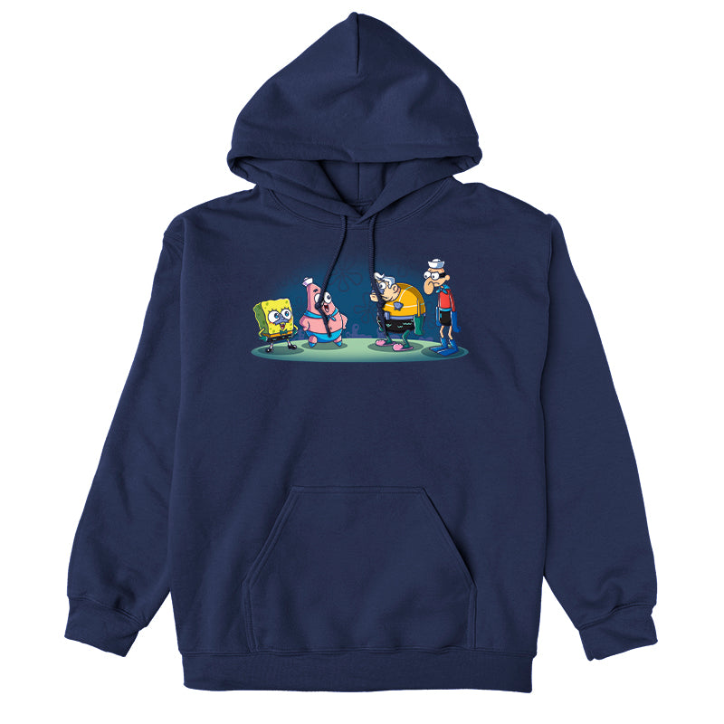 Pullover Hoodie_TeeTurtle navy blue MermaidBob and BarnaclePat apparel featuring SpongeBob SquarePants in a MermaidMan costume, and Patrick Star in a BarnacleBoy costume with a surprised MermaidMan and grumpy BarnacleBoy looking at them.
