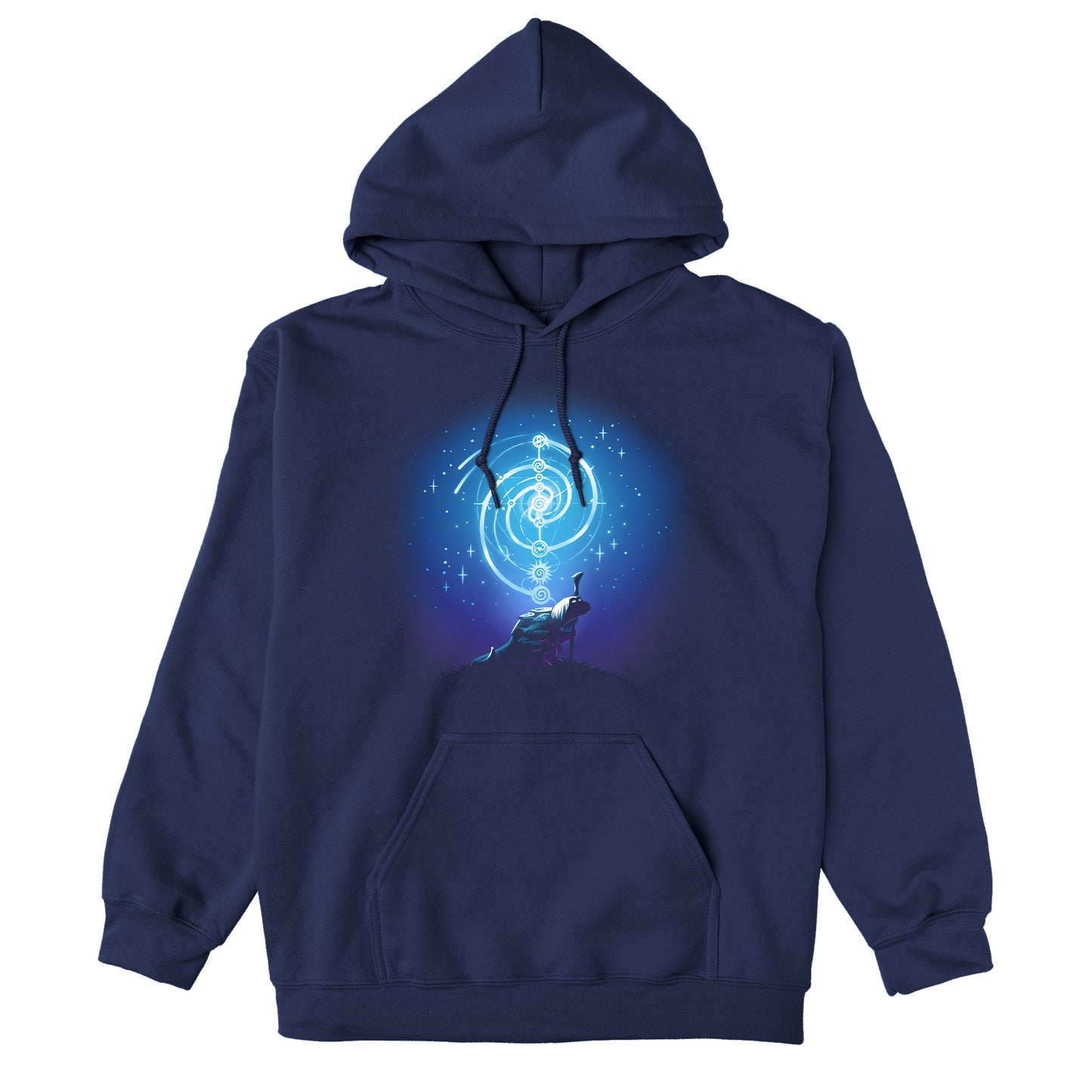 Pullover Hoodie_TeeTurtle navy blue Mystical urRu apparel featuring an urRu holding a staff on a hilltop looking into the distance with mystical celestial circular patterns above it against a starry background.