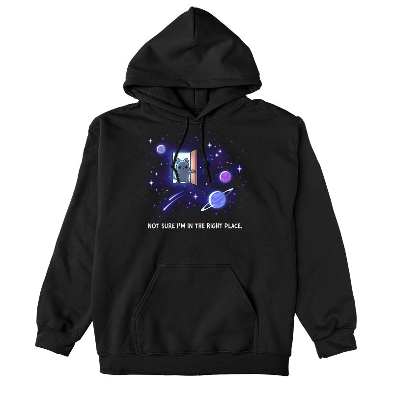 Pullover Hoodie_TeeTurtle black Not Sure I'm In The Right Place apparel featuring a cat opening a door to find that it opened into outer space with planets and stars floating around.