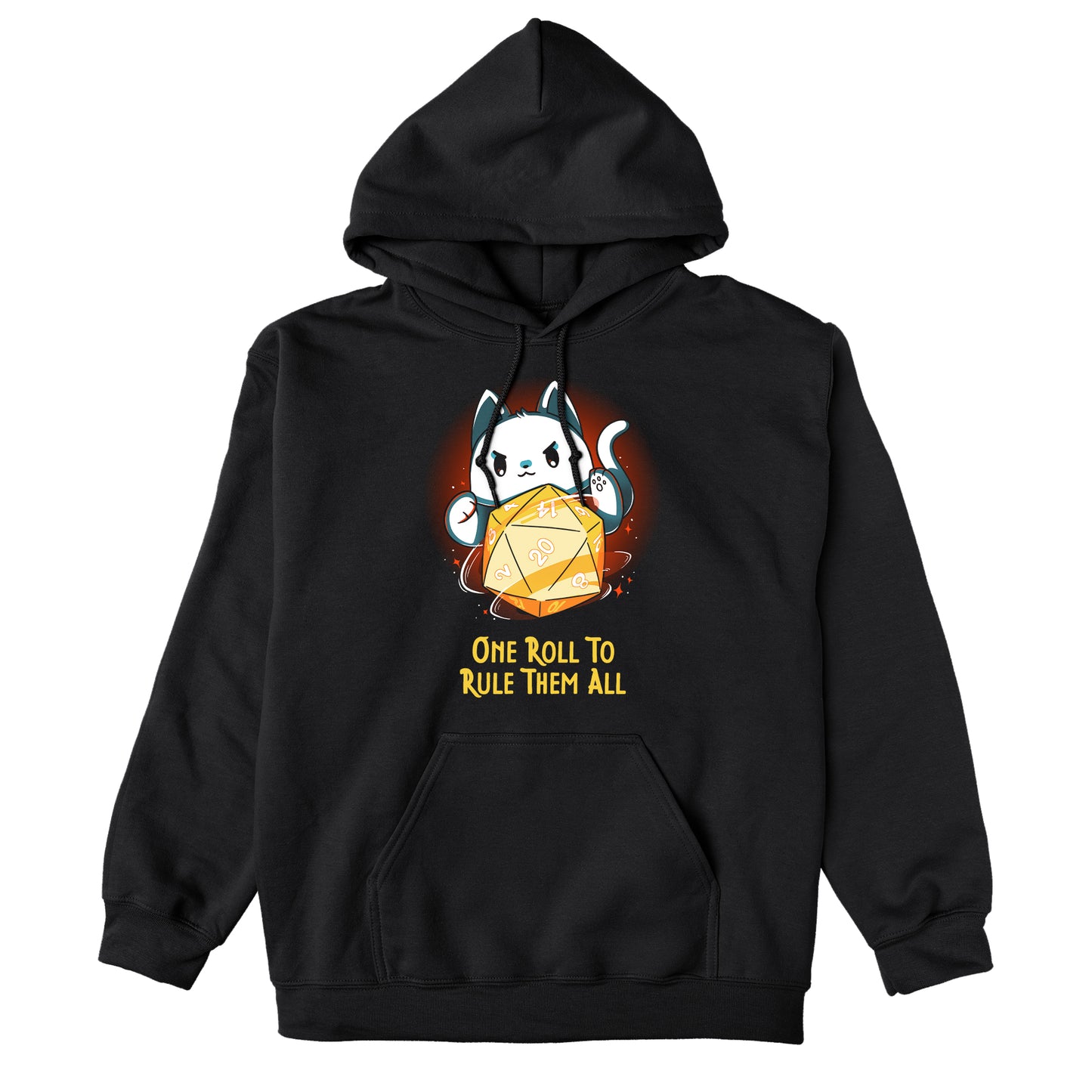 Pullover Hoodie_TeeTurtle One One Roll To Rule Them All Black design featuring a white cat rolling an oversized tabletop game 20 sided dice, with 20 facing forward, and the text in fantasy script "One roll to rule them all" below.